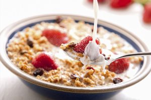 a bowl of cereal and fruit.